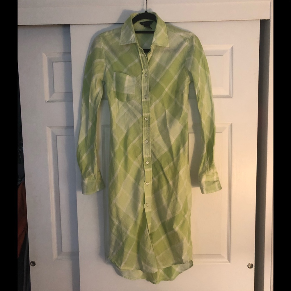 Moda International Green plaid linen shirt dress